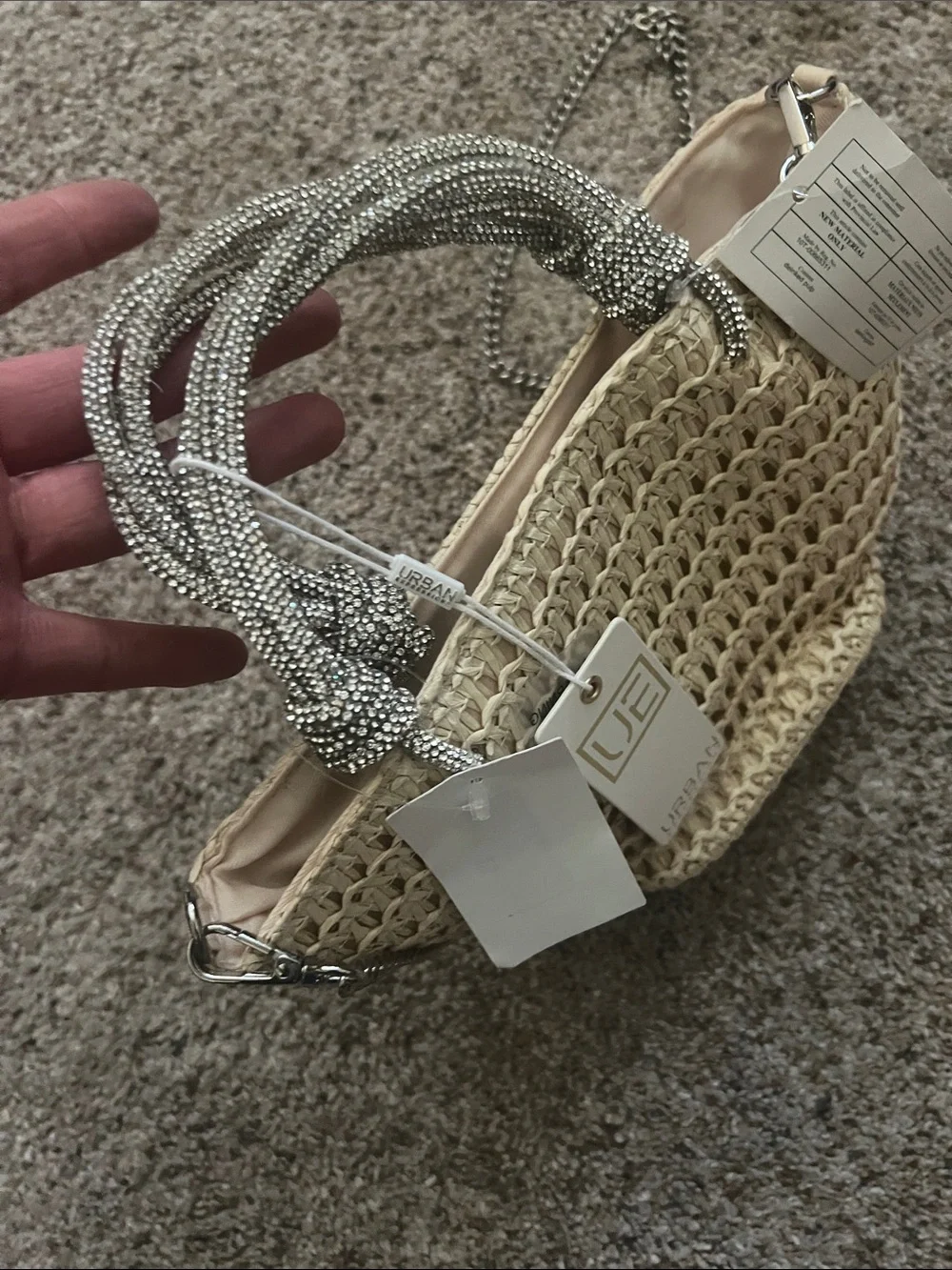 Urban expressions Woven Straw Crossbody Bag with Chain Strap - Beige
